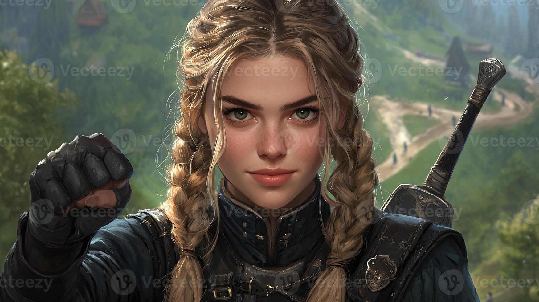 Confident Young Woman with Braids in Medieval Attire Outdoor Portrait photo