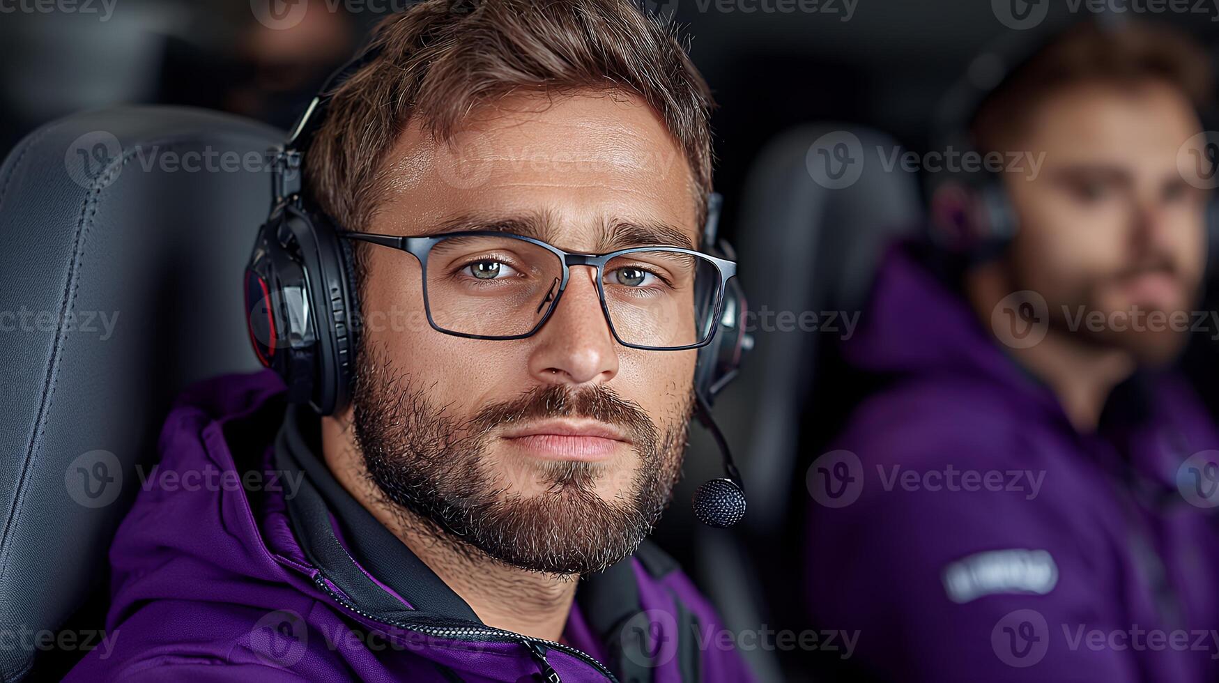 Focused Man with Ice Crystals on Face in Purple Jacket photo