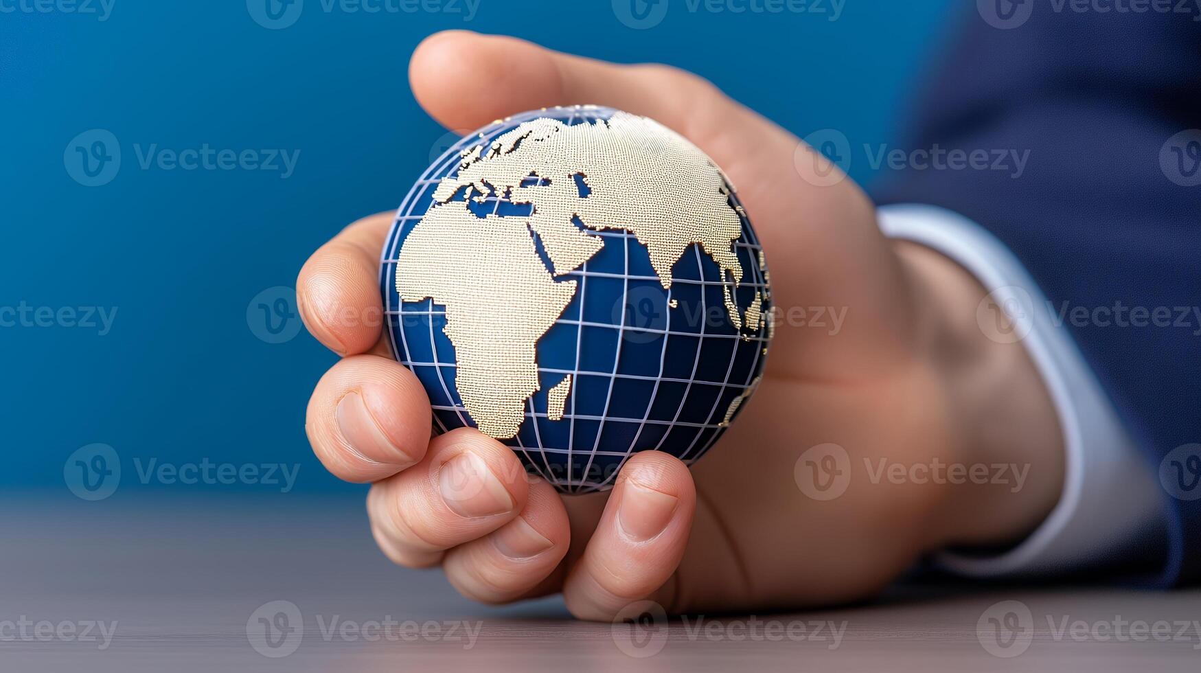 Hand Holding a Detailed Blue and Gold Globe on Gray Surface photo