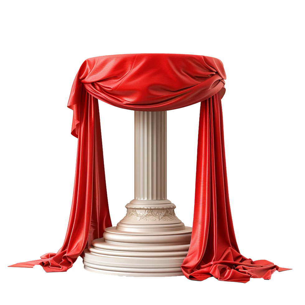 Elegant Red Draped Column Display Stand for Product Presentation or Award Ceremony png