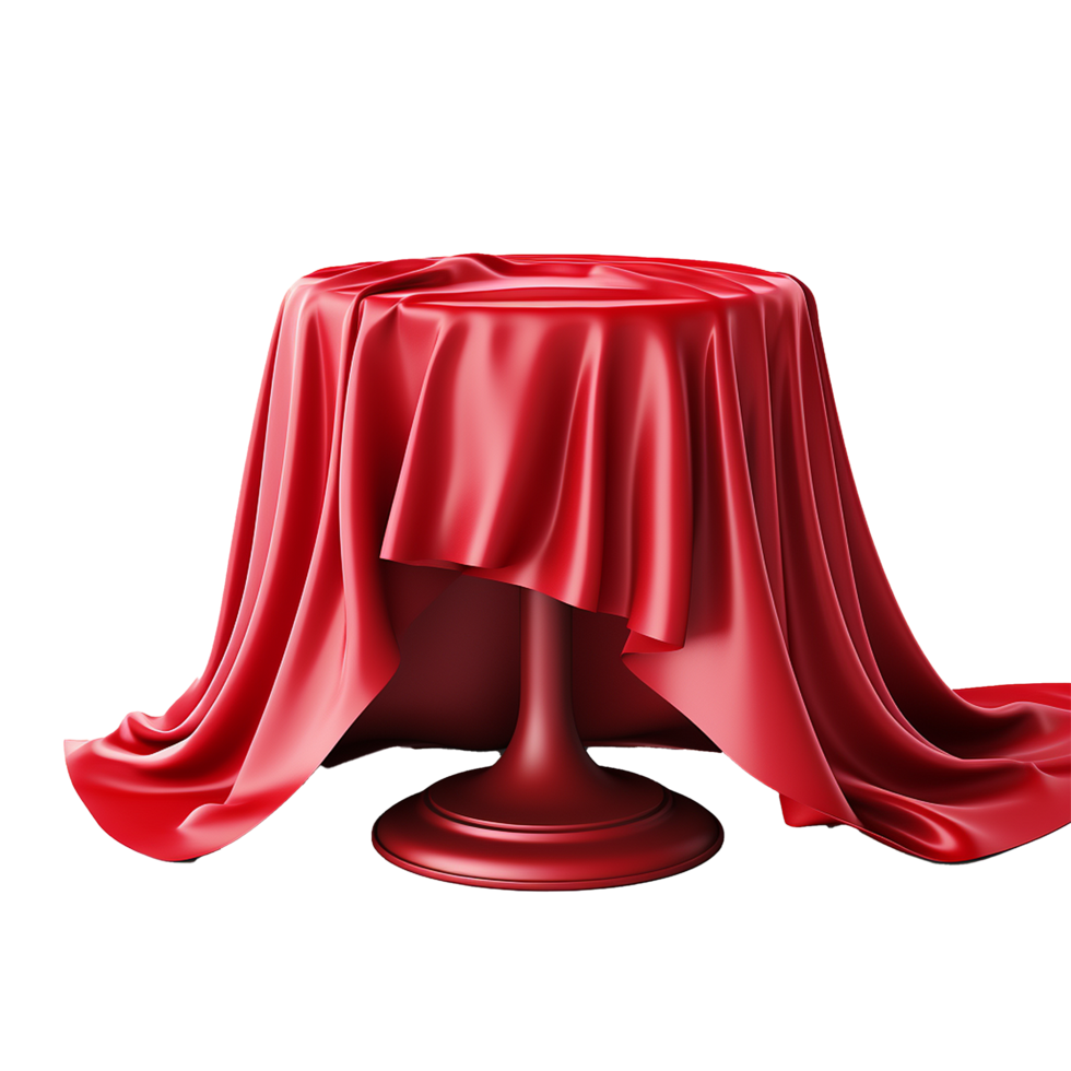 Red Satin Cloth Draped Elegantly Over a Pedestal Table, Mysterious and Elegant 3D Render png