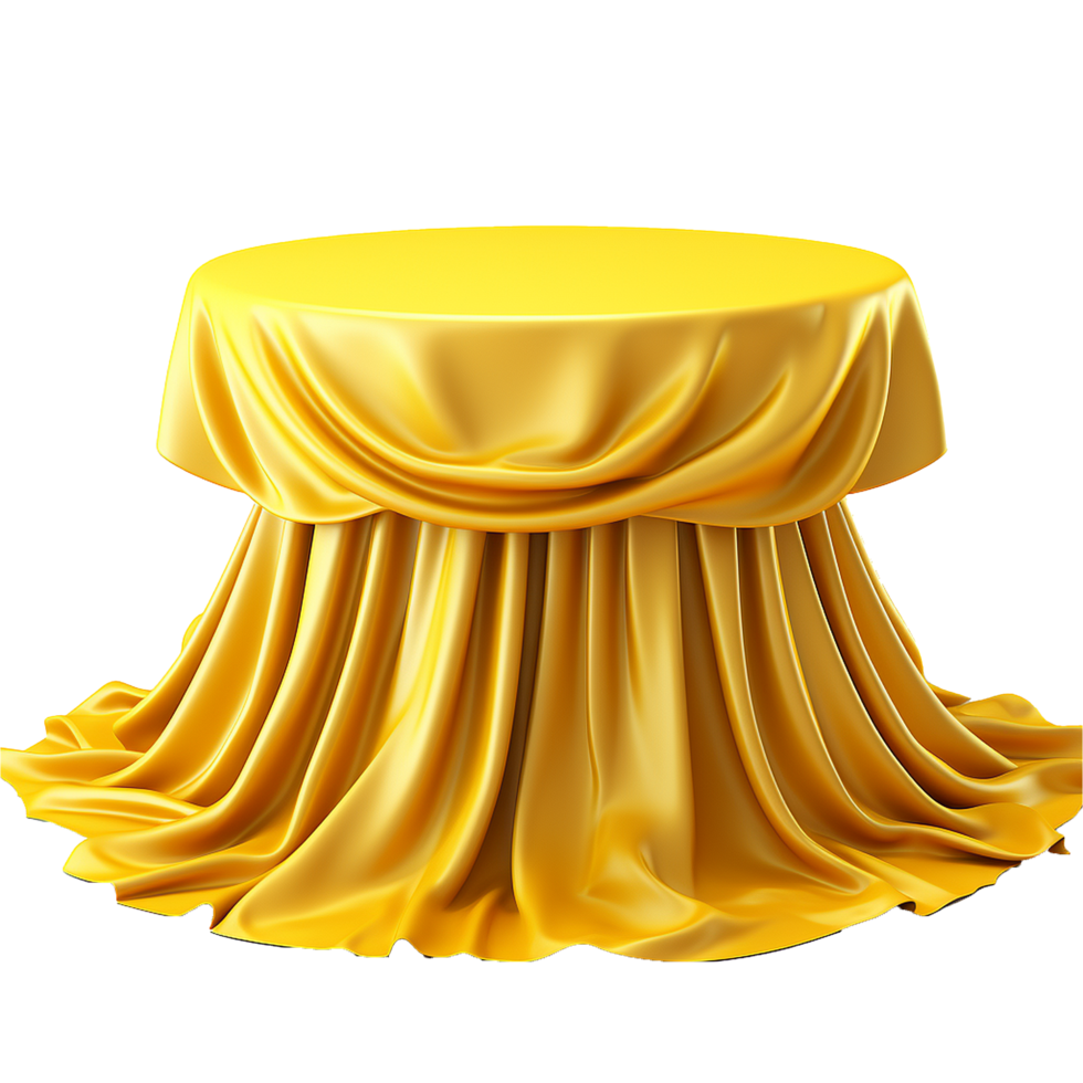 Elegant Gold Silk Draped Tablecloth on Round Tabletop 3D Render png