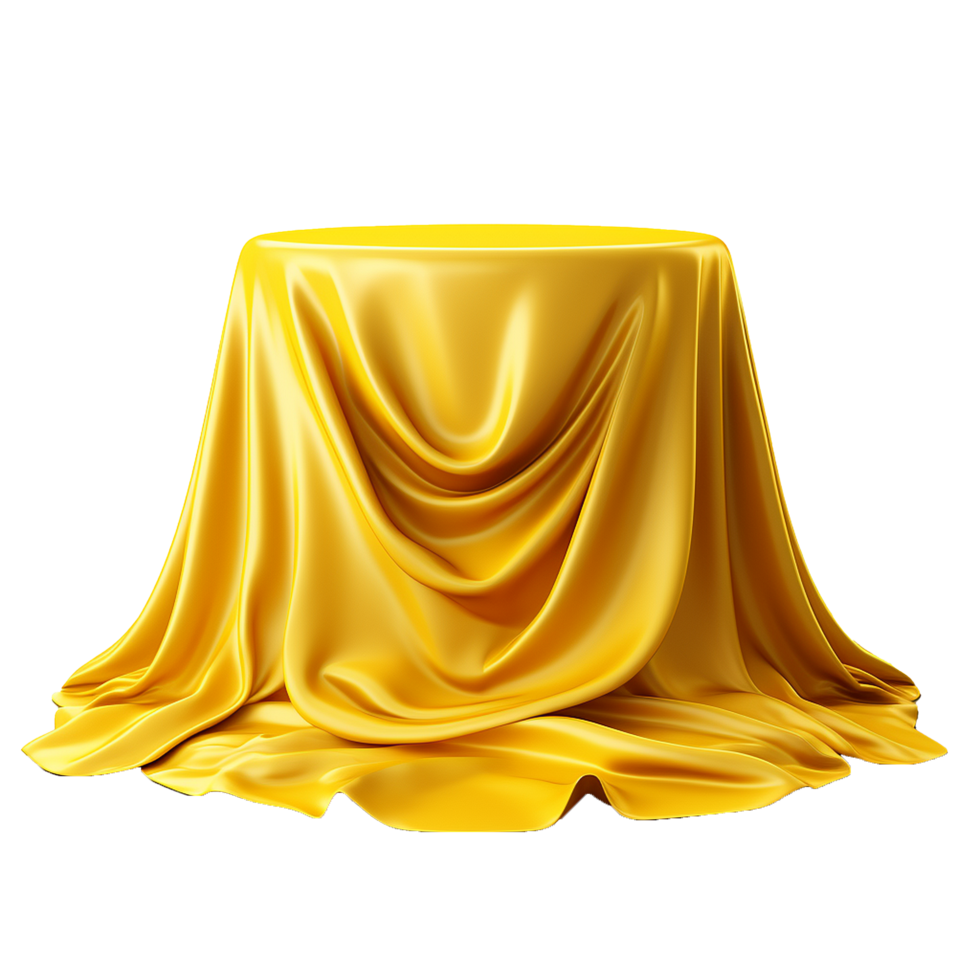 Golden Silk Draped over a Round Tabletop Unveiling a Mysterious Object png
