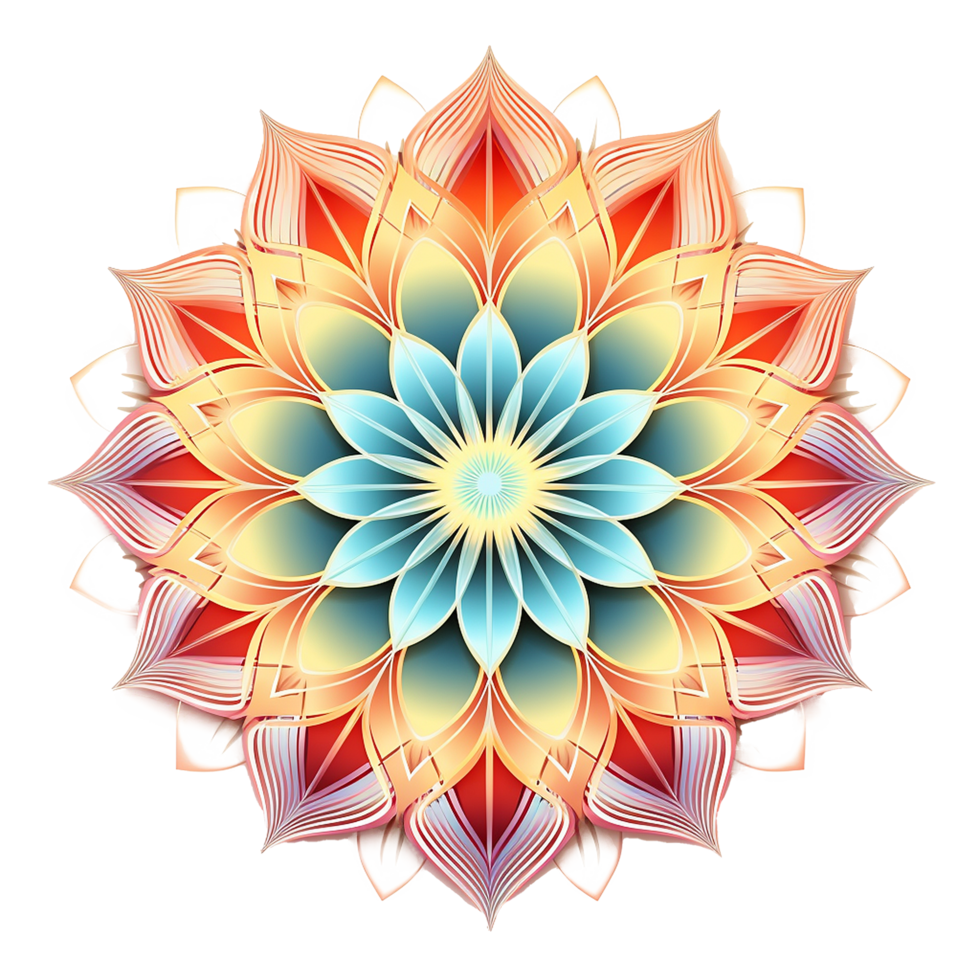 Intricate Colorful Mandala Design Featuring a Multilayered Flower Pattern with Warm and Cool Tones png