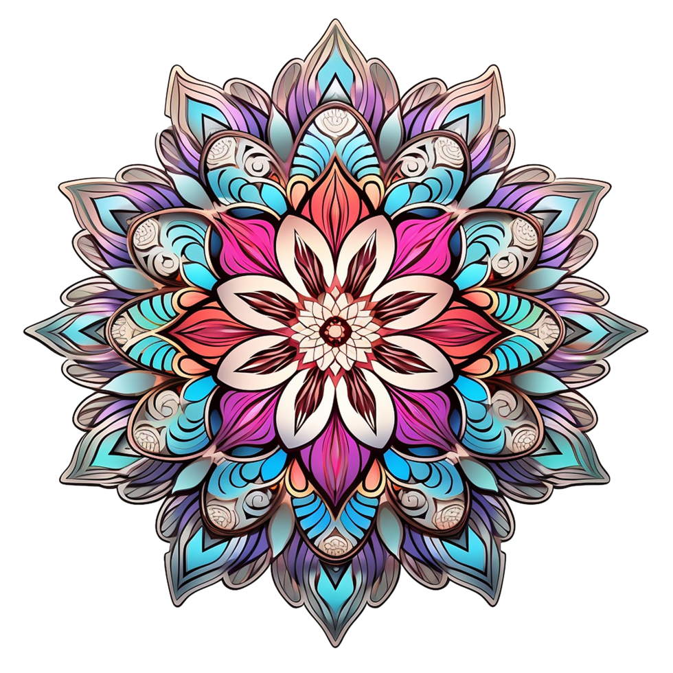 Intricate Colorful Mandala Design with Floral Patterns and Symmetrical Shapes png
