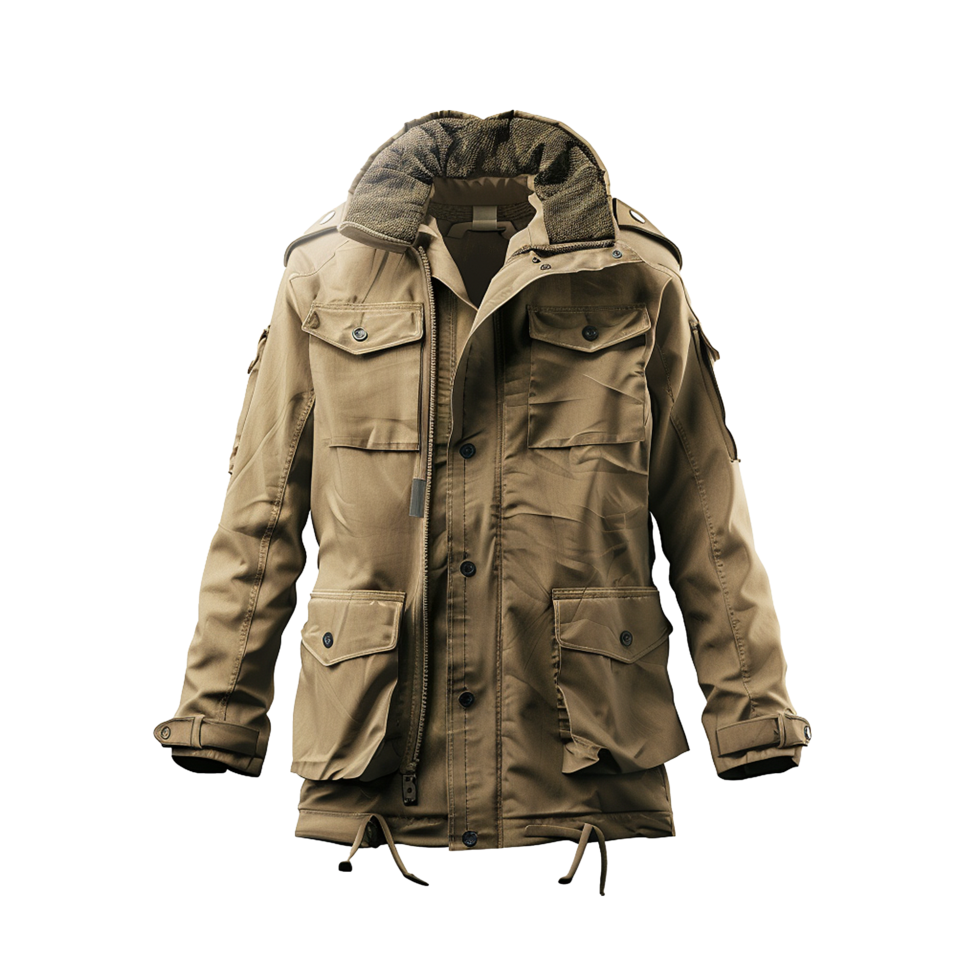 Men's Beige Military Style Jacket with Multiple Pockets and Fleece Collar png
