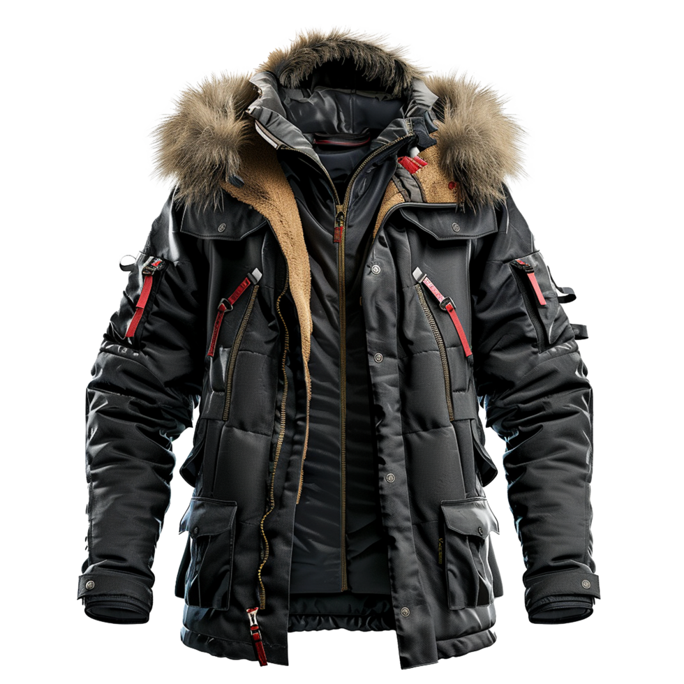 Men's Stylish Black Winter Parka with Fur Hood and Red Accents A Detailed Look at a Warm and Functional Outerwear Garment png
