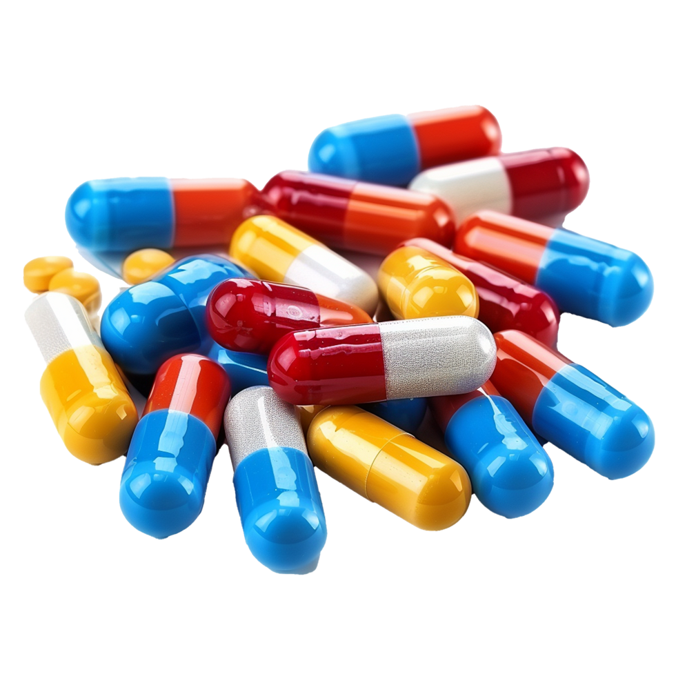 A Close Up View of Multiple Colorful Capsules Pictured on a White Surface png