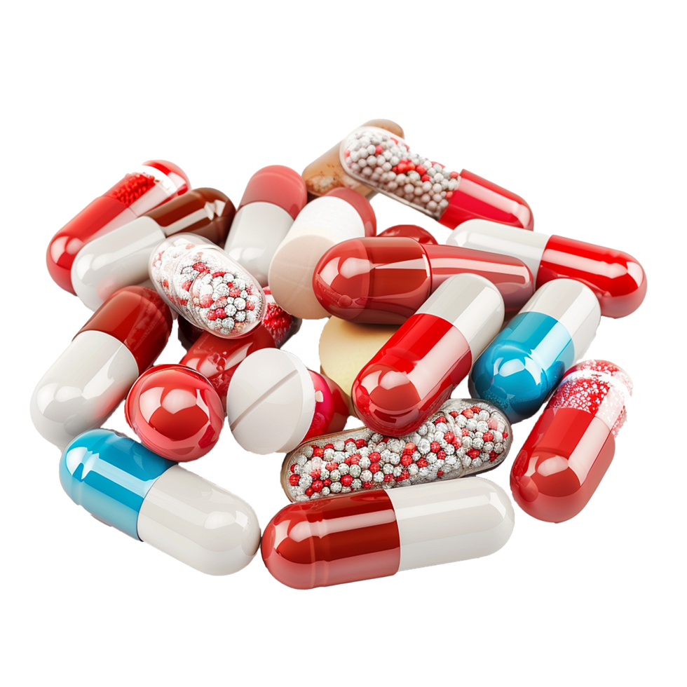 A CloseUp View of Assorted Red White and Blue Capsules and Tablets png