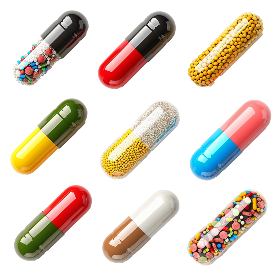 Collection of Colorful Capsules Filled with Various Medications and Supplements png