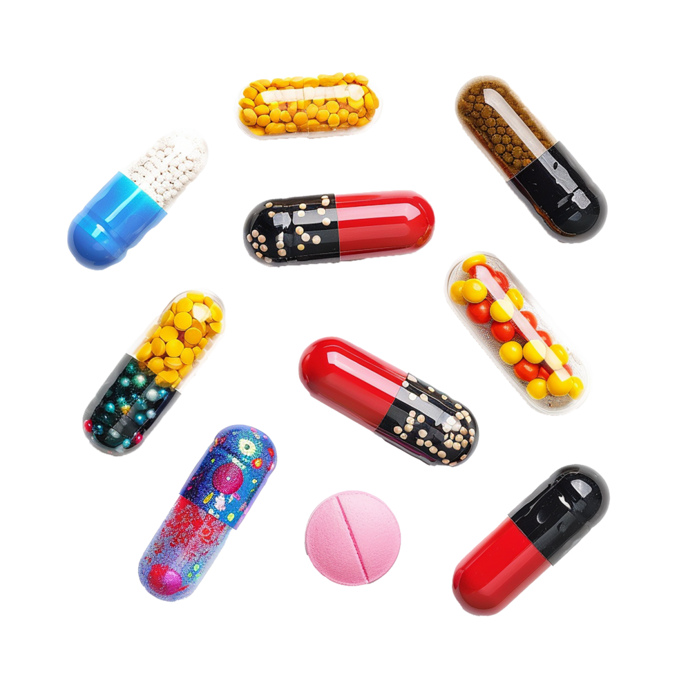 A Colorful Collection of Capsules and Tablets Pharmaceutical Variety png
