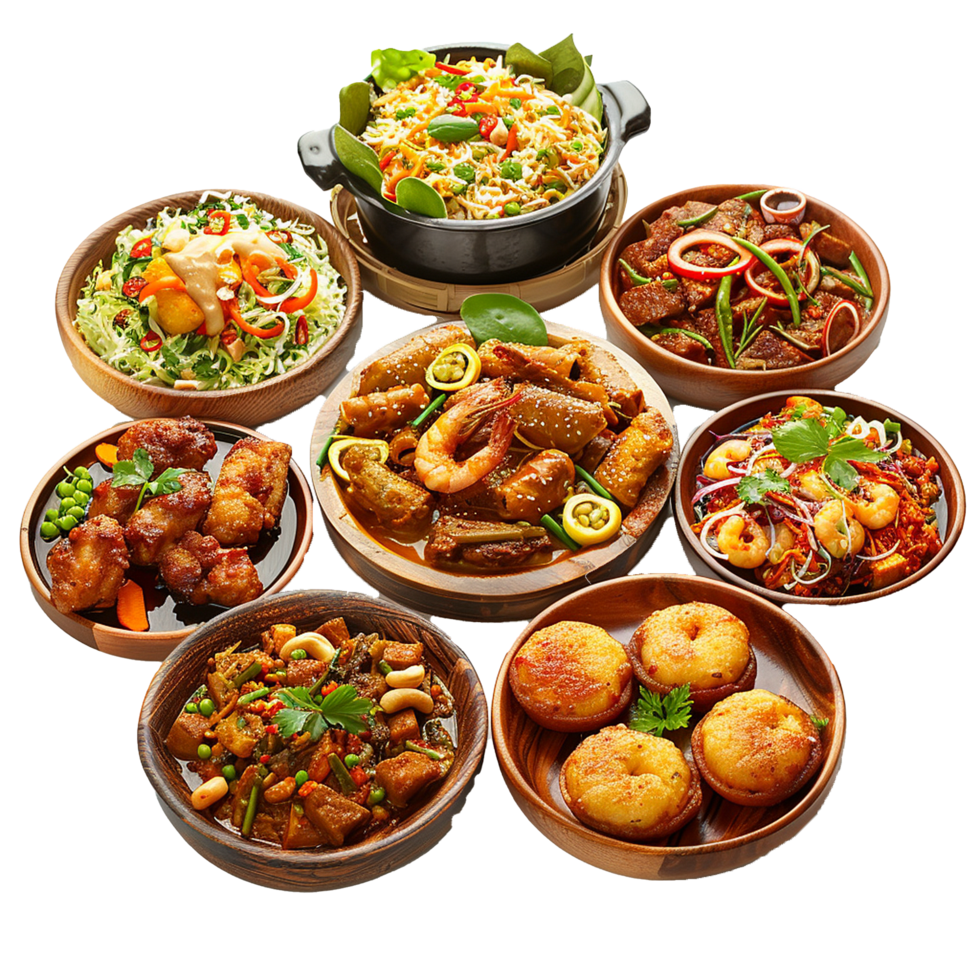 Aromatic Collection of Diverse South Asian Dishes Vegetable Curry, Shrimp, Meat Stew, Fried Snacks, and Salads png