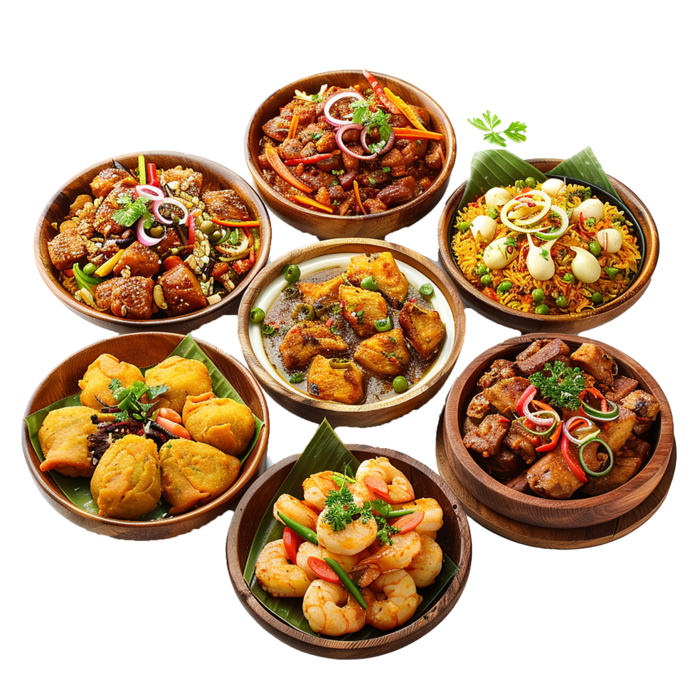 Aromatic Collection of Diverse and Delicious Asian Dishes in Wooden Bowls png