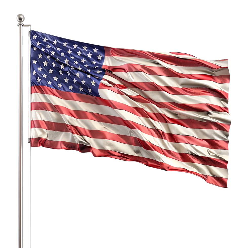 A majestic view of the American flag waving proudly in the wind, showcasing its vibrant colors and intricate details png