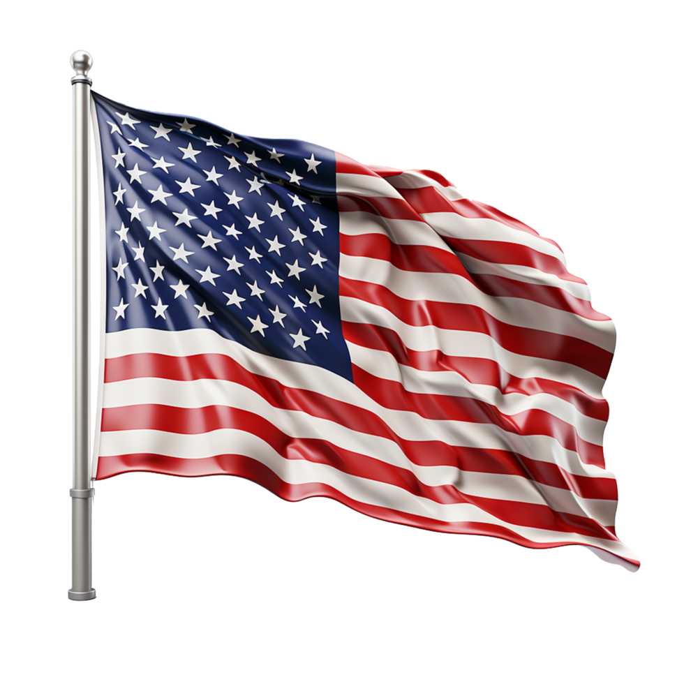 American Flag Waving in the Wind on a Flagpole, 3D Render of United States National Symbol png