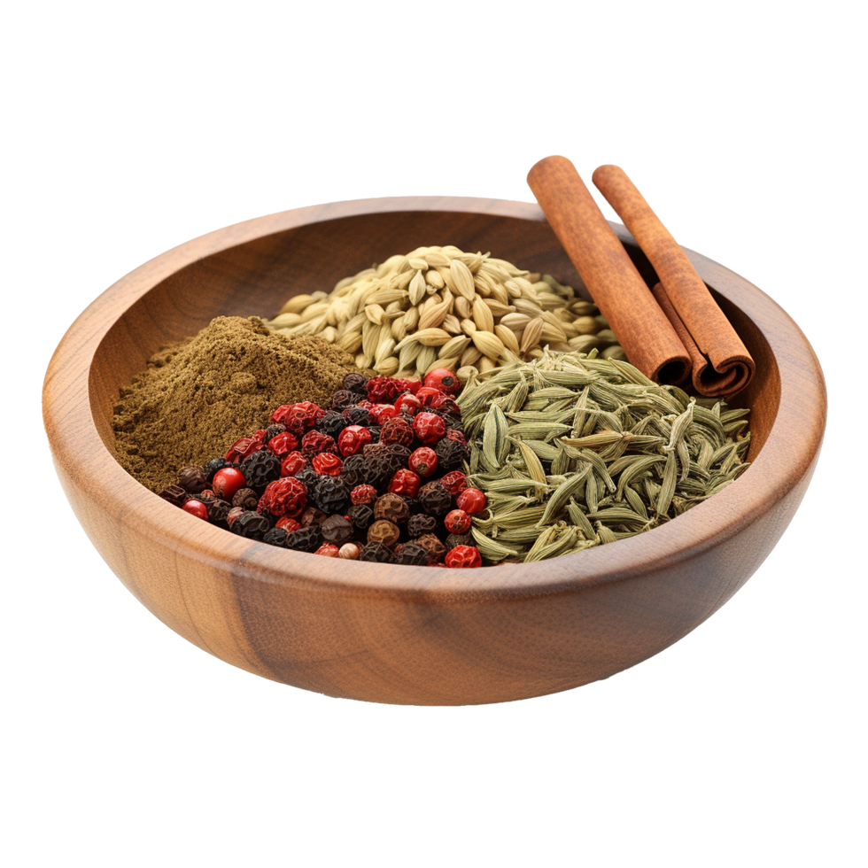 Aromatic Spices and Herbs in a Wooden Bowl A Culinary Delight png