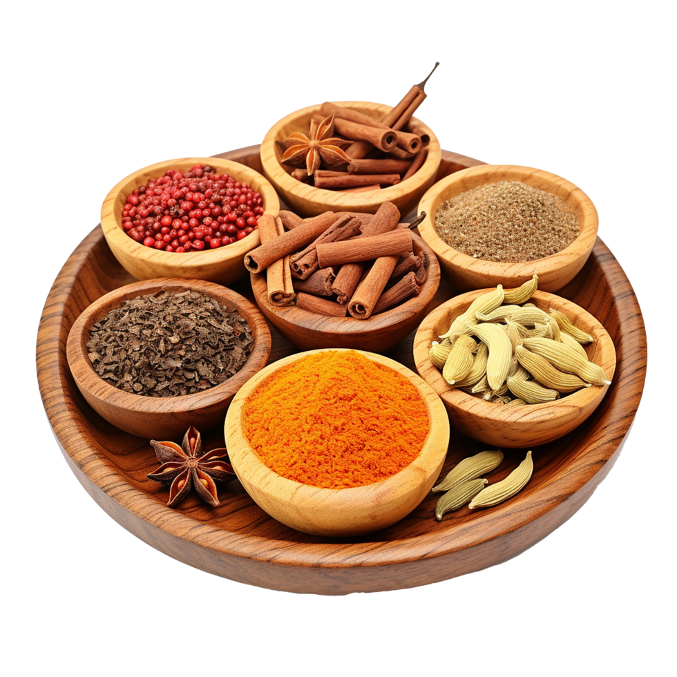 Assortment of Aromatic Spices in Wooden Bowls on a Wooden Tray png
