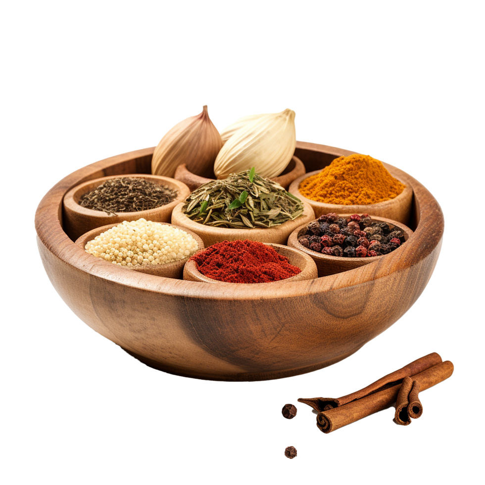 Assortment of Aromatic Spices and Herbs in Wooden Bowl with Cinnamon Sticks png