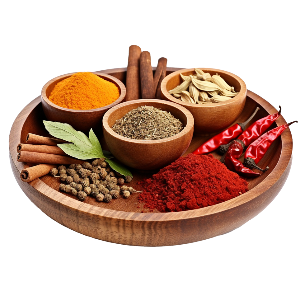 Aromatic Spices and Herbs Collection in Wooden Bowls png