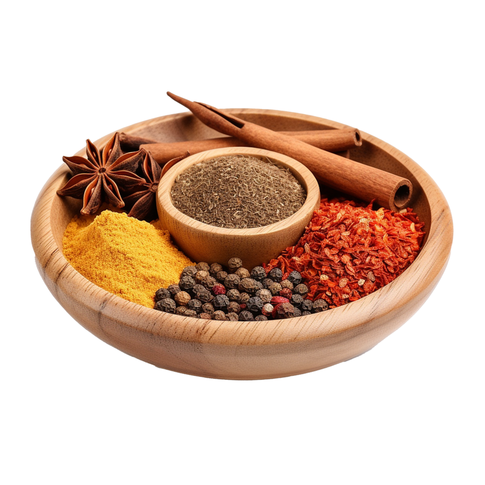 Aromatic Spices and Herbs in Wooden Bowl Culinary Ingredients for Cooking png