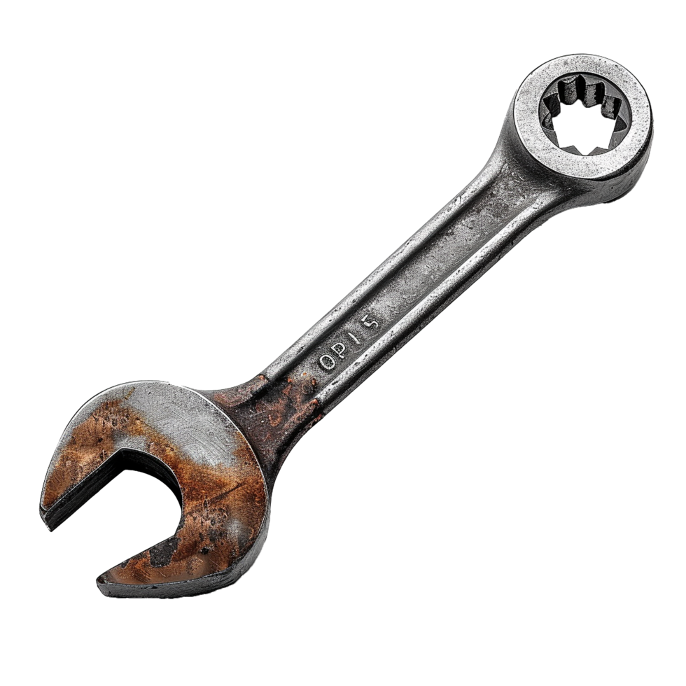 Rusty Old OpenEnd Wrench with 15mm Size Marking on a Gray Background png