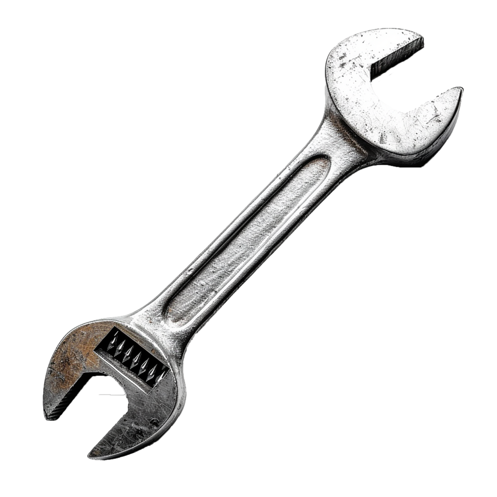 Closeup of a wellused adjustable wrench on a gray background png