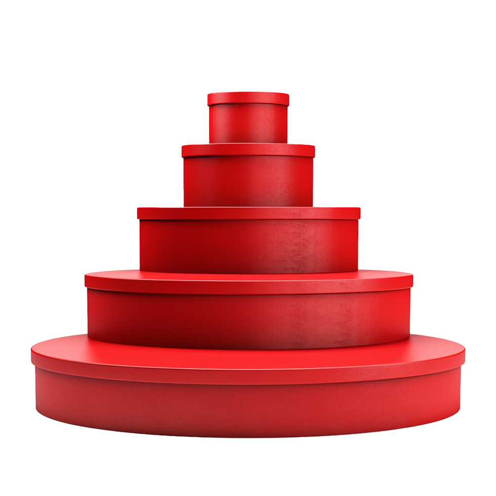 Red cylindrical product display stand with five levels on pink background png