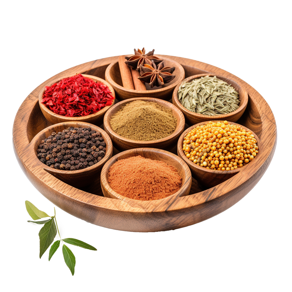 Assortment of spices in wooden bowls on a wooden tray a culinary delight png