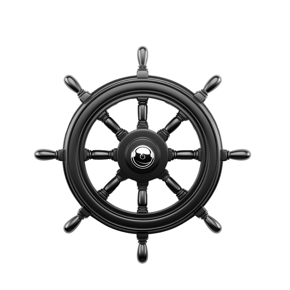 A Black Ship's Wheel Against a Gray Linear Background Nautical Symbol of Direction and Control png