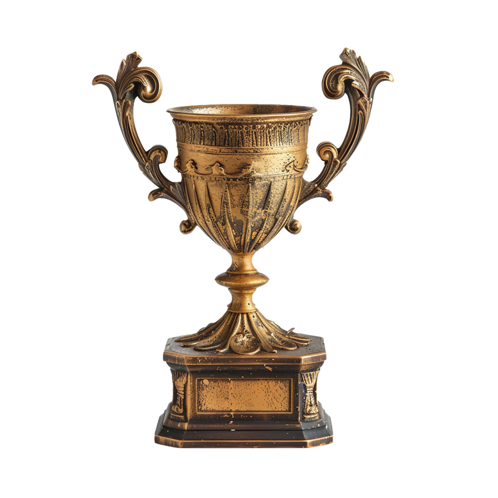 Antique Gold Trophy Cup with Ornate Details and Engraved Base png