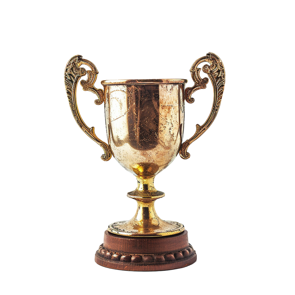 Antique GoldTone Trophy with Ornate Handles and Wooden Base A Symbol of Achievement and Victory png