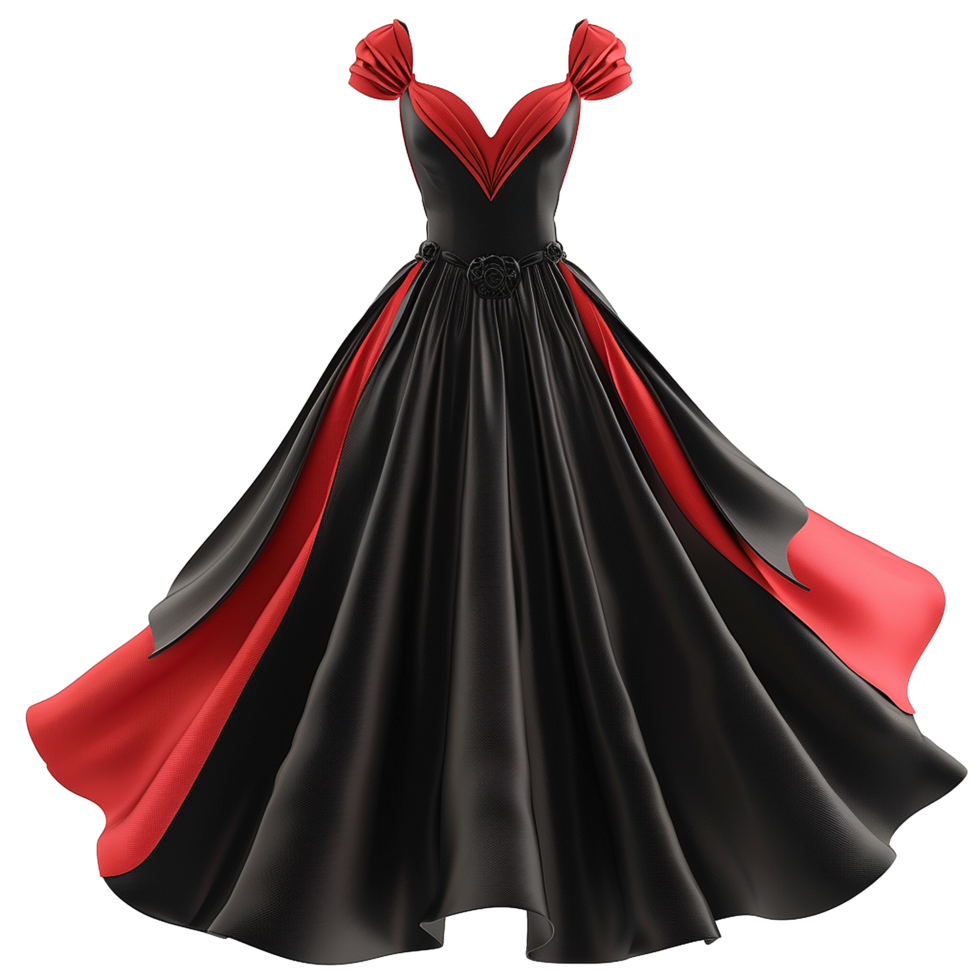 Elegant Black and Red Satin Ball Gown with Puff Sleeves and Fitted Waist png