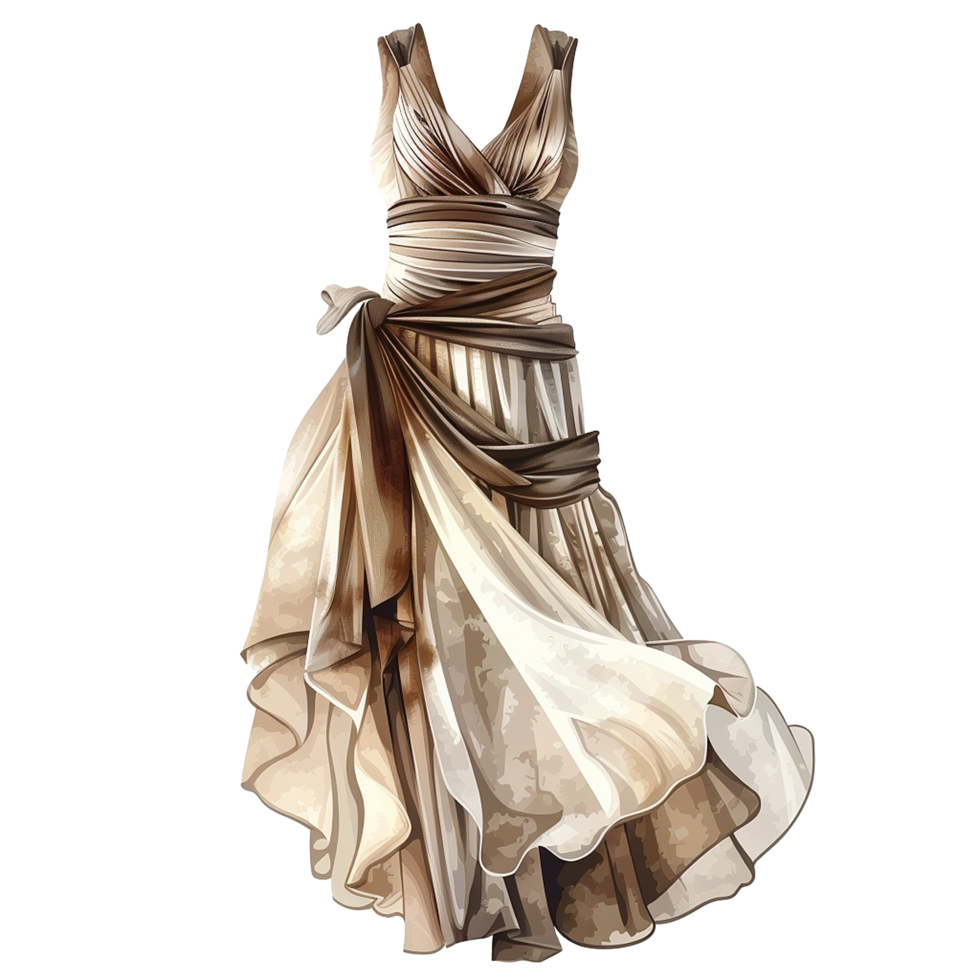 Elegant Beige and Brown Evening Gown Fashion Illustration png