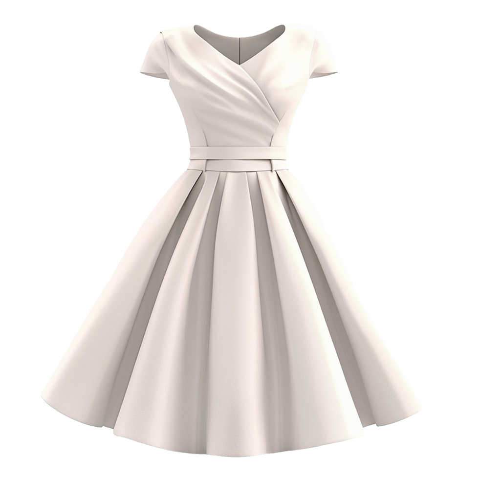 Elegant OffWhite VintageStyle Pleated ALine Dress with Short Sleeves and Wrap VNeck png
