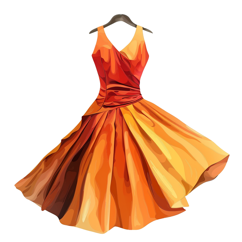 Stunning Orange and Yellow ALine Dress Hanging on a Hanger png
