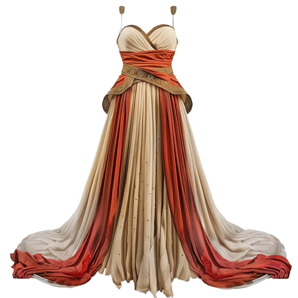 Elegant OffWhite and Burnt Orange Floor Length Gown with Gold Embellishments png