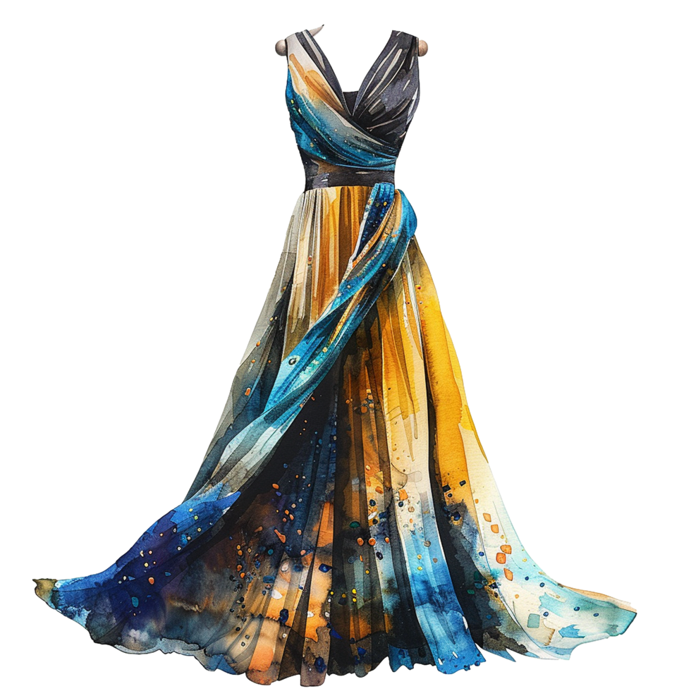 Stunning Watercolor Painting of a Flowing Evening Gown with Blue and Gold Hues png