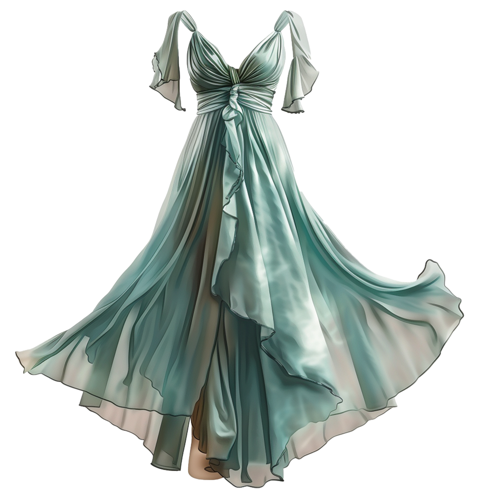 Elegant Seafoam Green Empire Waist Gown with Flowing Skirt and Flutter Sleeves png