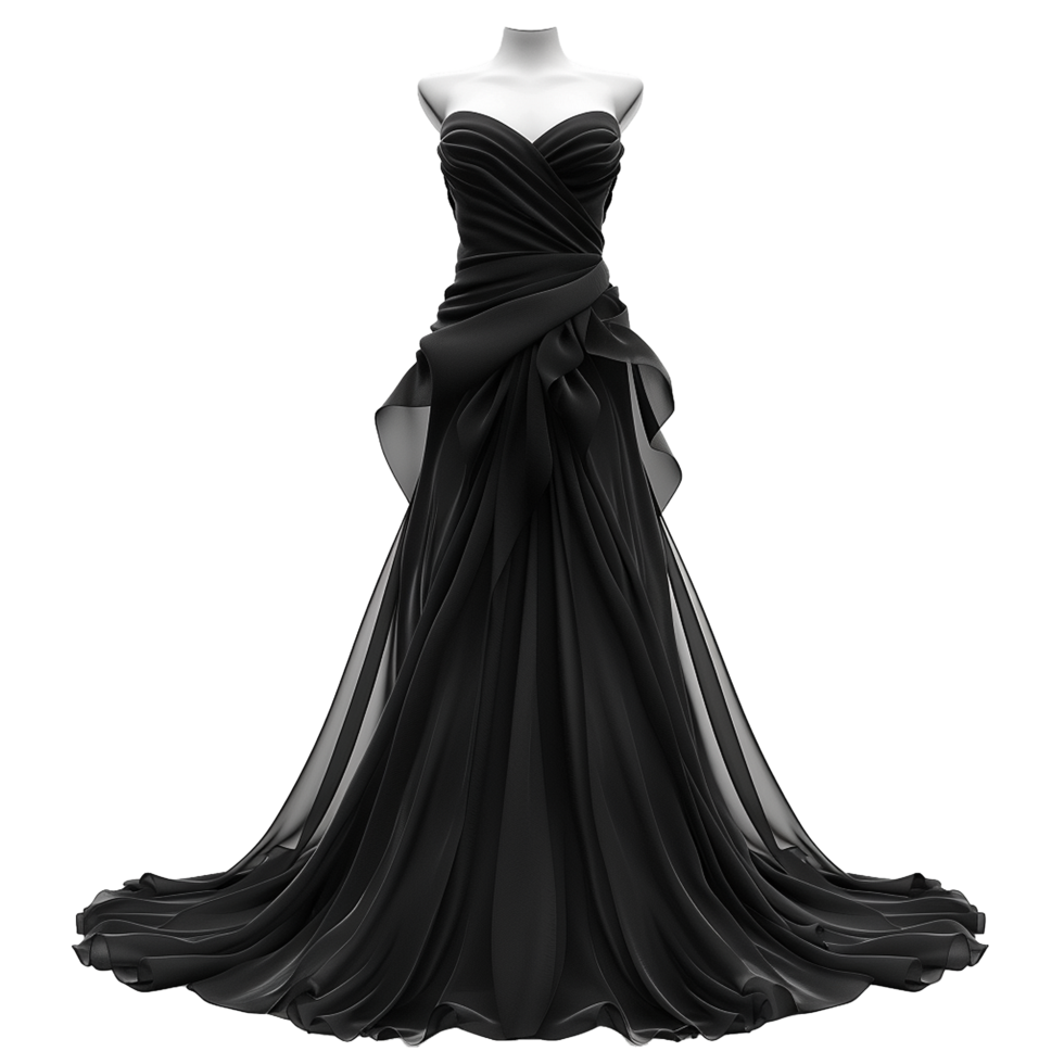 Elegant Black Strapless Gown Floor Length ALine Dress with Draped Bodice and Flowing Skirt png