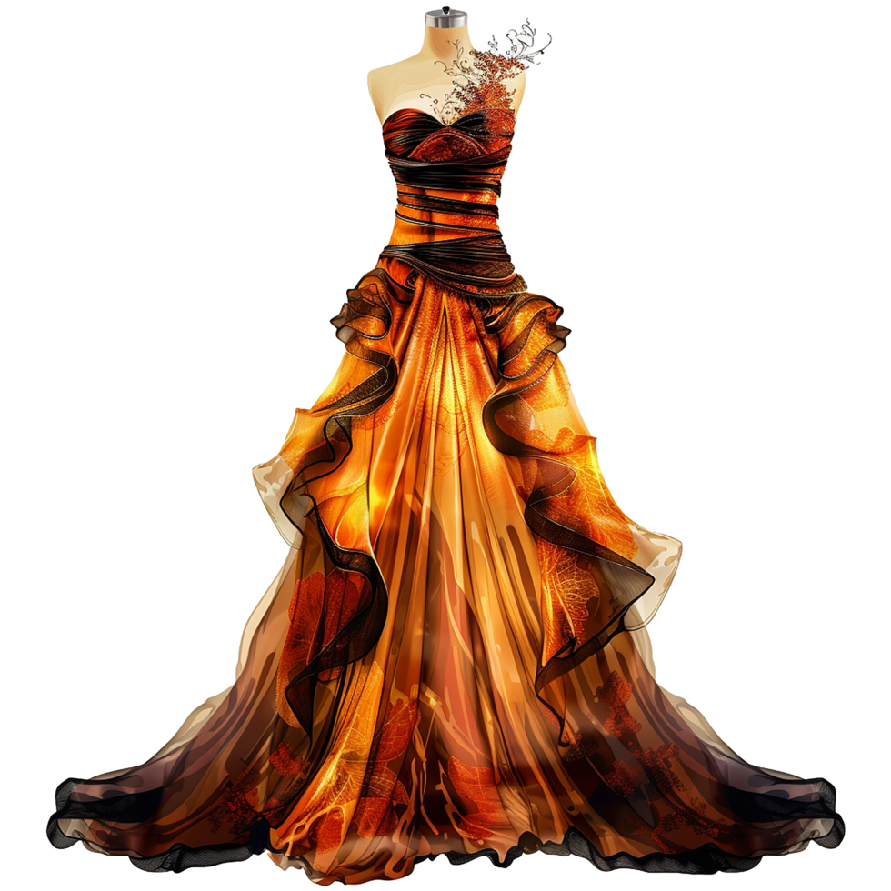 Stunning Autumnal Gown Design Elegant Long Dress with Black and Orange Hues png