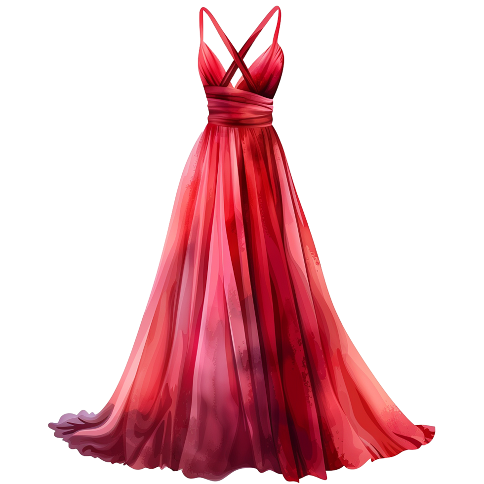 Elegant Red Watercolor Long Evening Gown with Cross Strap and Fitted Waist png