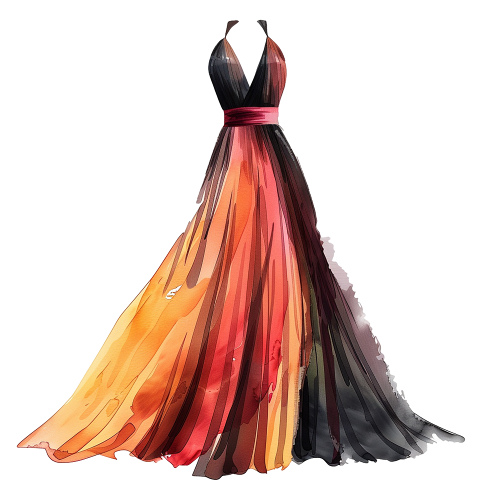 Elegant Watercolor Painting of a Long Ombre Evening Gown with Halter Neckline and Red Sash png