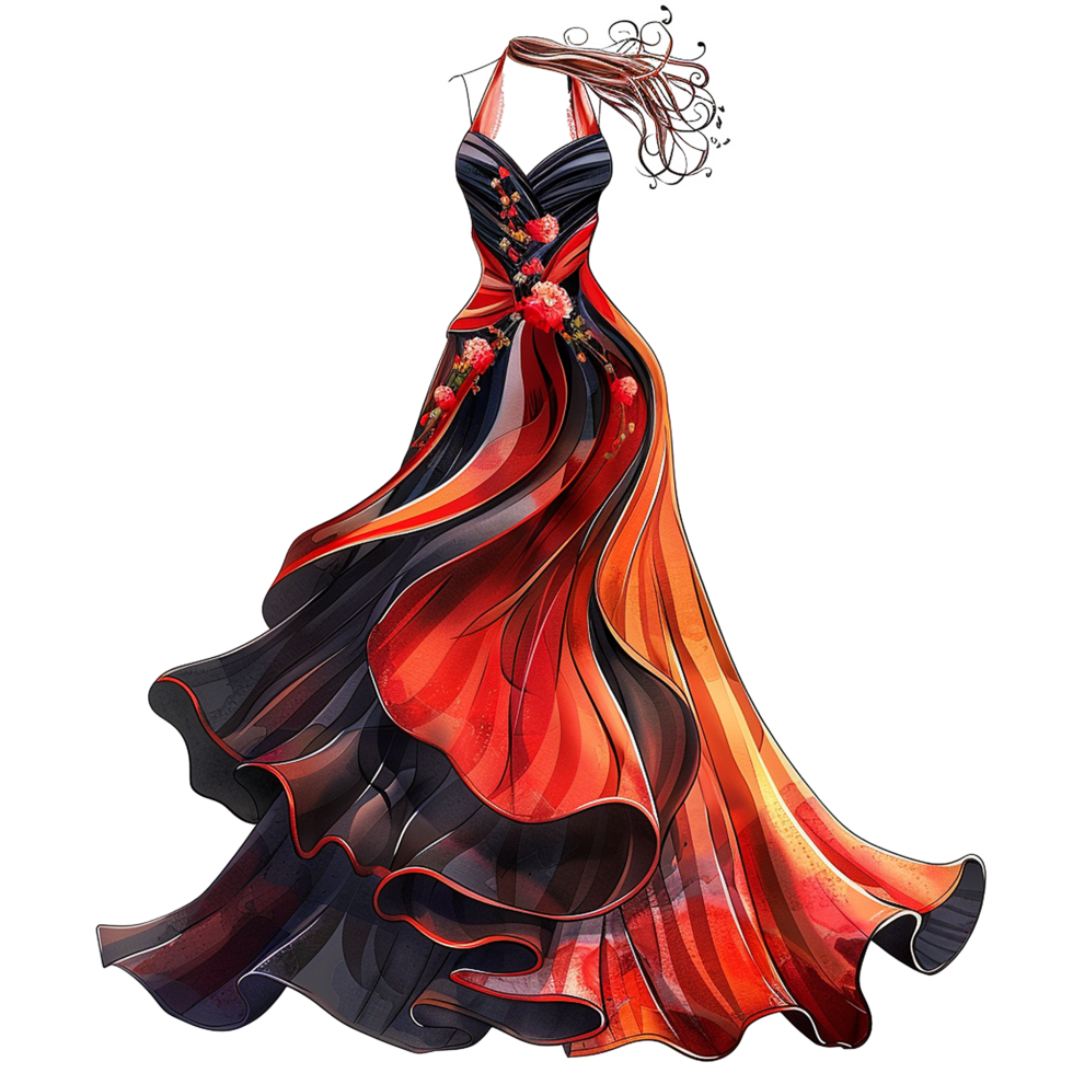 Elegant Red and Black Halter Neck Gown Fashion Illustration with Flowing Fabric and Floral Embellishments png