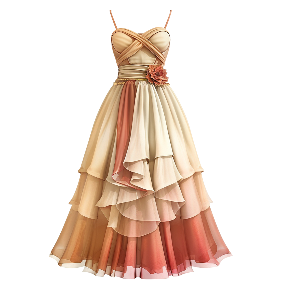 Elegant Beige and Coral Ombre Tiered Dress with Crisscross Straps and Flower Accent png