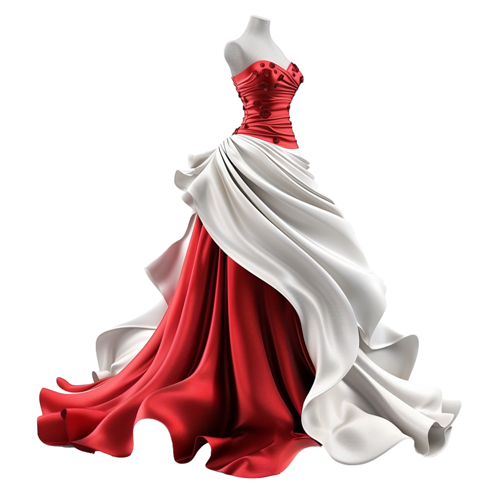 Elegant Red and White Satin Evening Gown on Mannequin Dress Design png