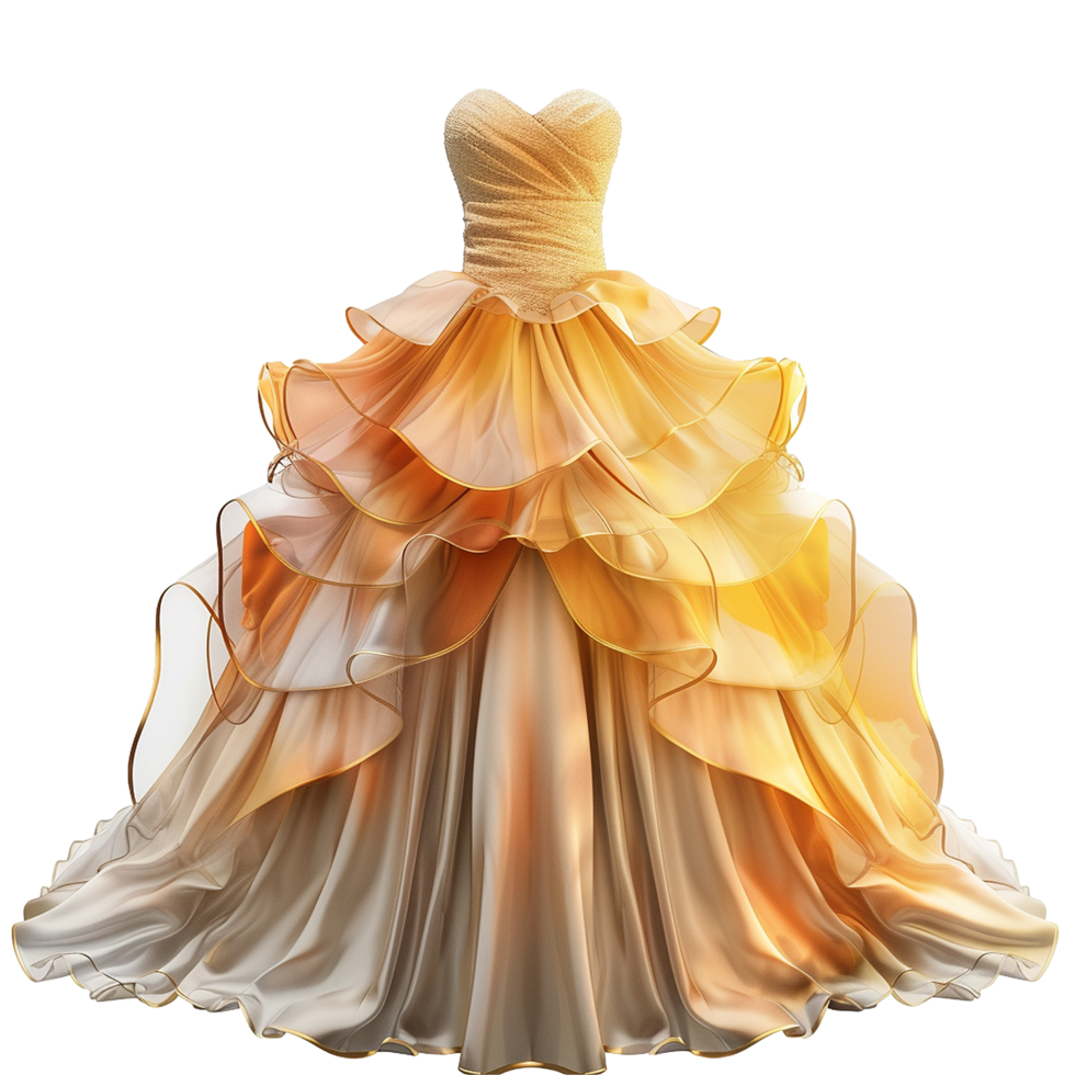 Elegant Golden Yellow Ball Gown with Layered Ruffle Skirt and Sweetheart Neckline png