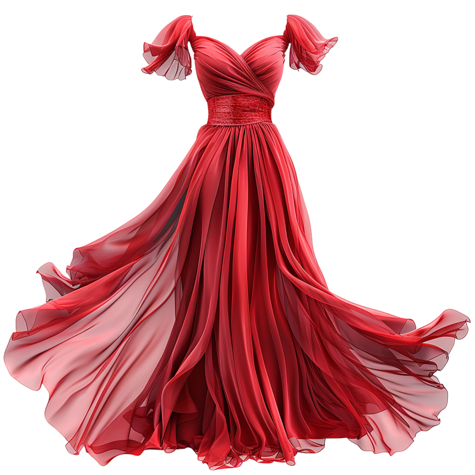 Elegant Red Chiffon Evening Gown with Flowing Skirt and OfftheShoulder Sleeves png