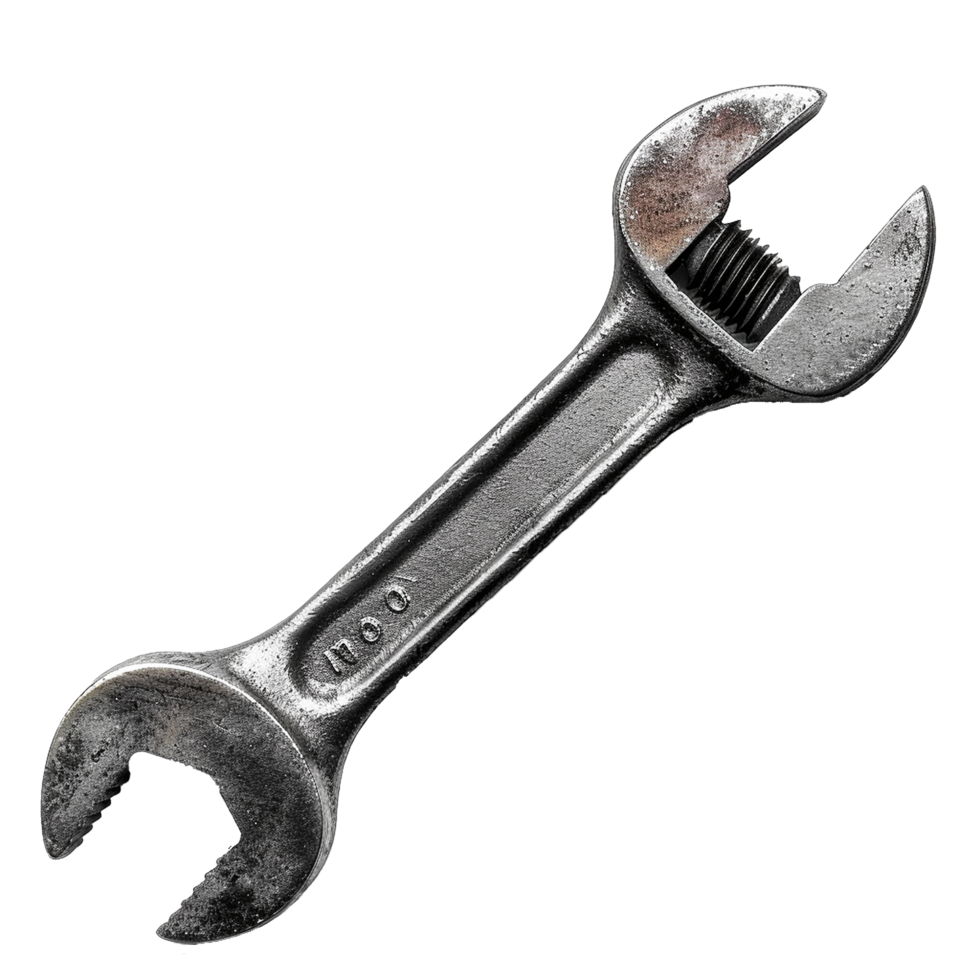Closeup view of an old rusty adjustable wrench with visible wear and tear png