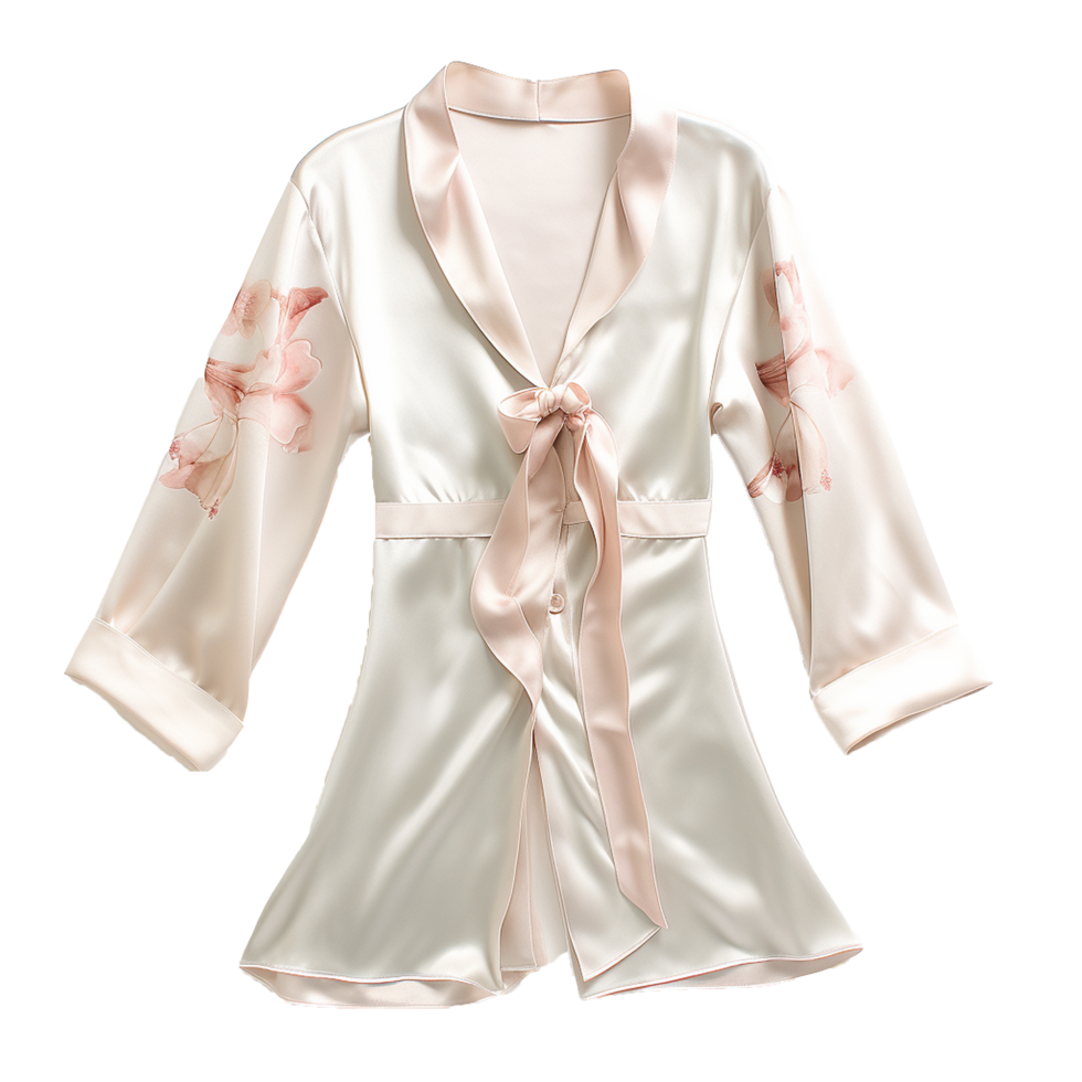 Elegant Beige Silk Robe with Delicate Floral Print and SelfTie Belt png