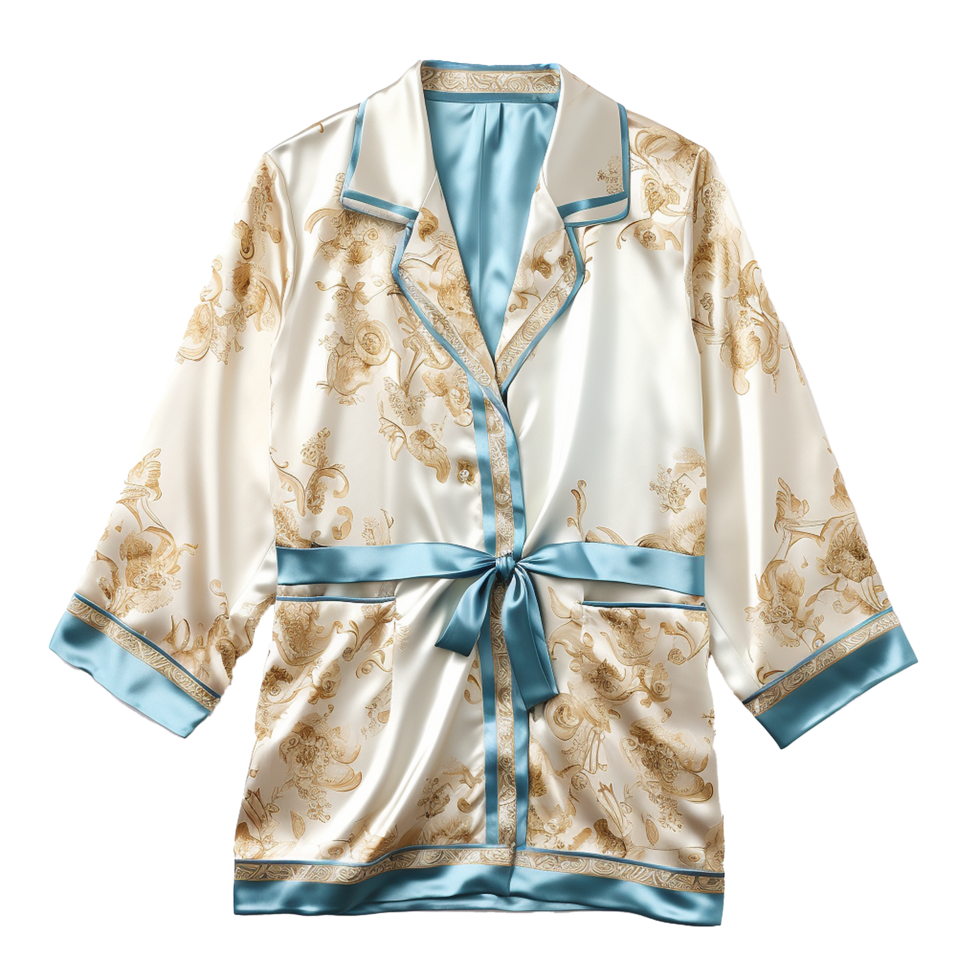 Elegant OffWhite Silk Robe with Gold Floral Pattern and Teal Trim png